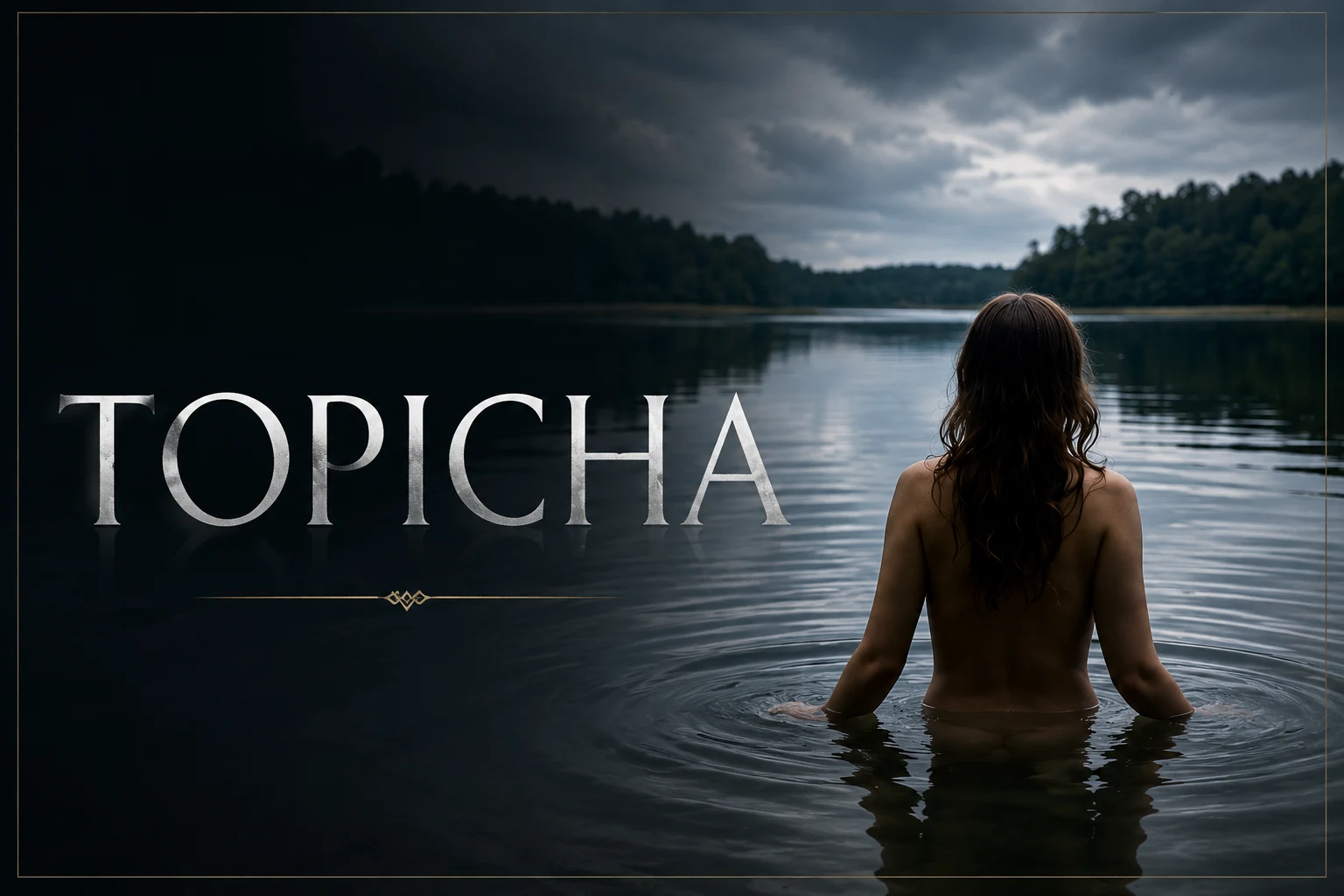 Plakat filmu Topicha: kobieta zanurzona w jeziorze pod pochmurnym niebem.